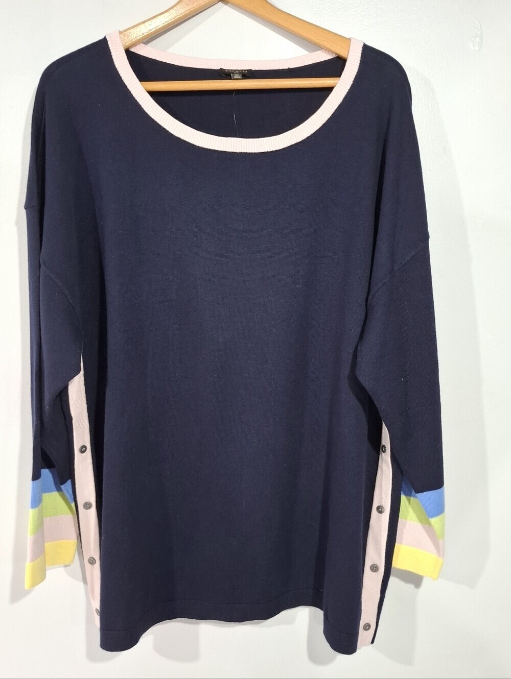 TALBOTS Womens Plus 3X Sweater Knit Navy Blue Striped Side Buttons Pink Trim - Picture 3 of 11